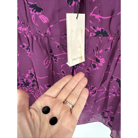 CINQ A SEPT Size Medium MABEL PURPLE FLORAL SILK BLACK VELVET RUFFLE BLOUSE TOP - Picture 13 of 16
